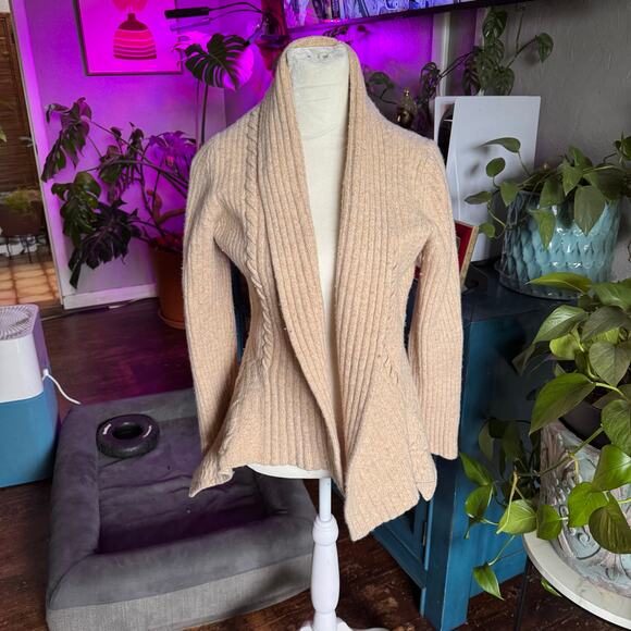 Anthropologie Birds on a Wire Cardigan Womens Medium Tan Open Front Wool Blend - Picture 1 of 9